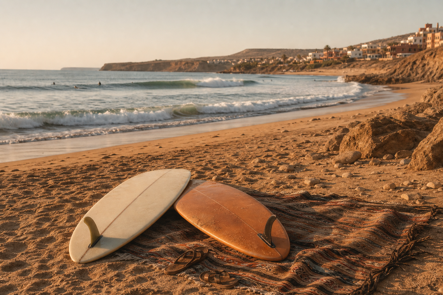 Surfboards on Tamraght beach at golden hour